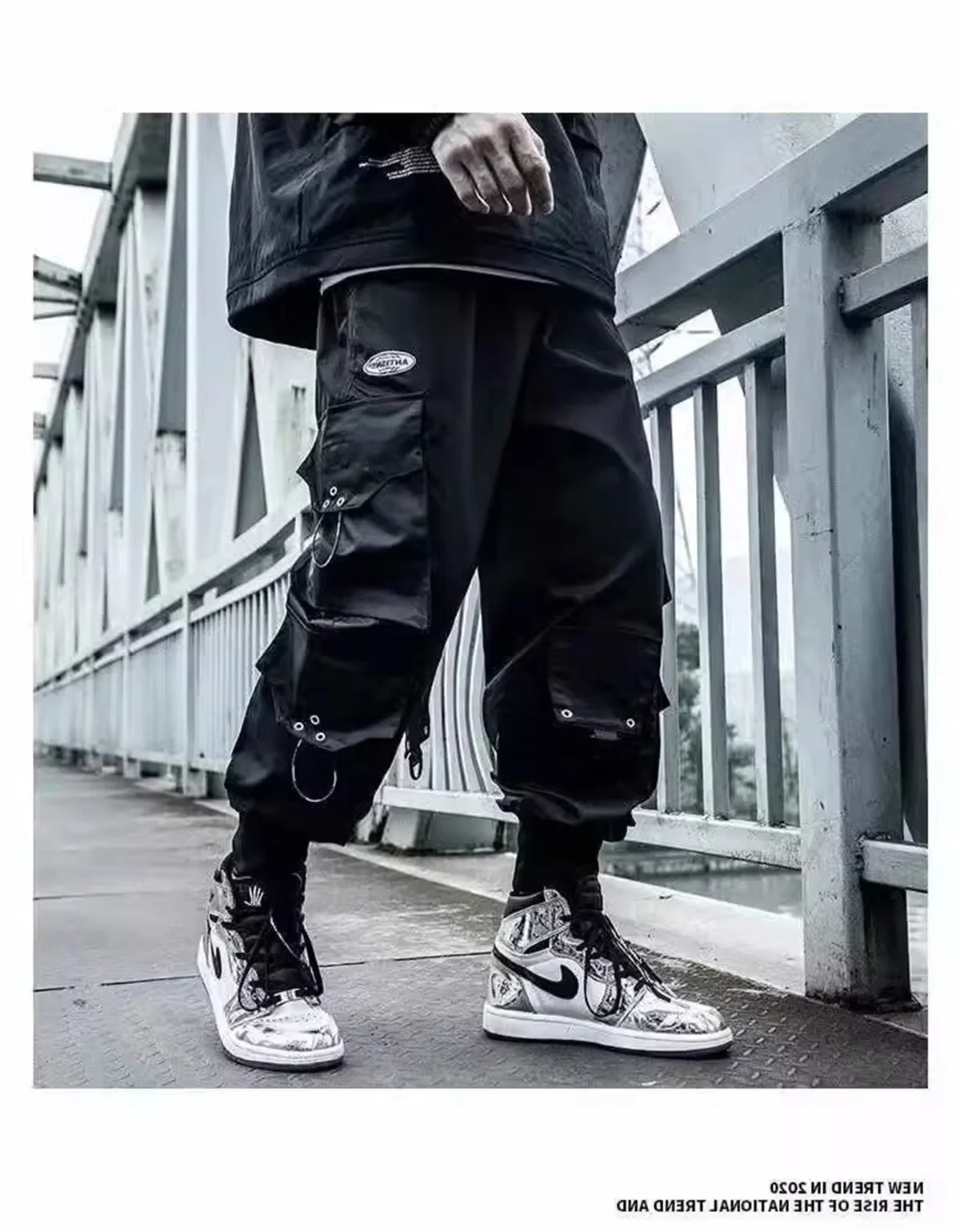 Funktionale Cargohose mit großen Taschen für Herren, Harajuku, lockerer Hip-Hop-Stil, trendige, elastische, knöchellange Freizeithose, moderne Streetwear – Detail 4