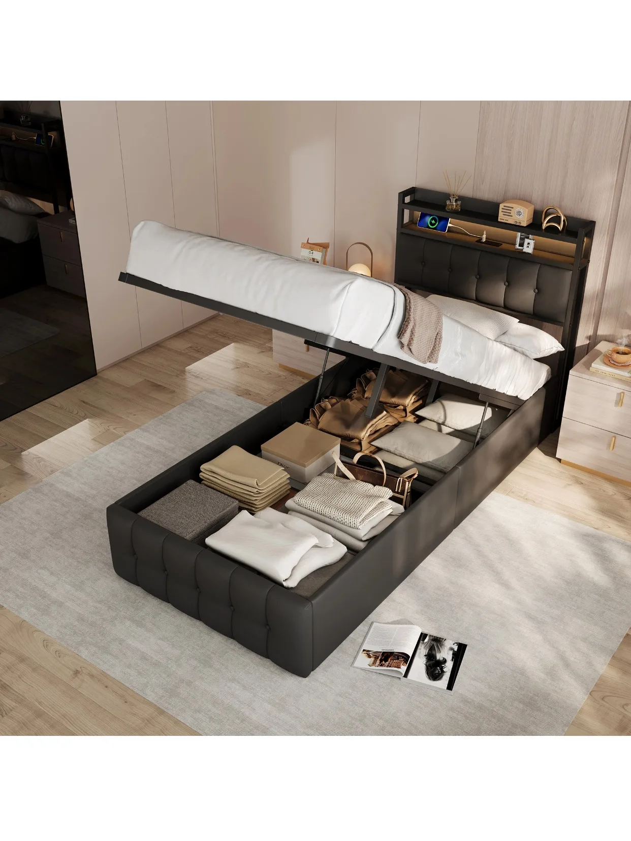 Anajqaqia, 90 x 200 cm großes hydraulisches Bett, Stauraumbett, Einzelbett, gepolstertes Bett, Kopfteil mit offenem Regal und dekorativen Akzenten, Stauraumbett mit großem Stauraum, Bett für kleine