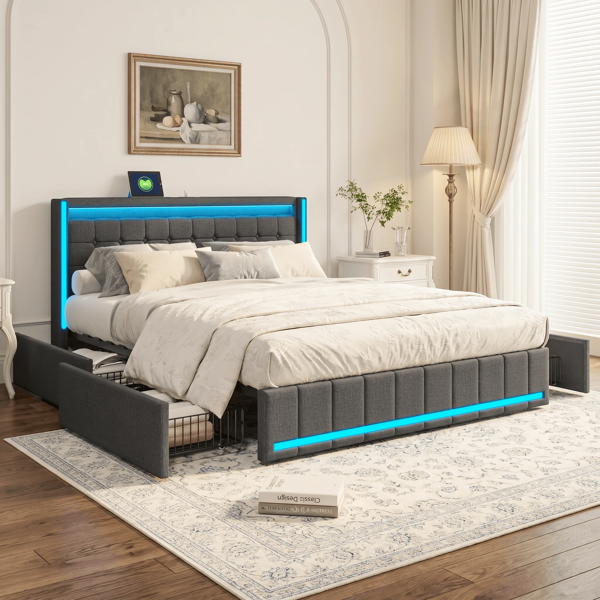 Cama doble tapizada, 140 x 200 cm con iluminación LED, cama con almacenamiento y 4 cajones, cabecero, caja de almacenamiento, estructura de cama juvenil con base de listones, lino