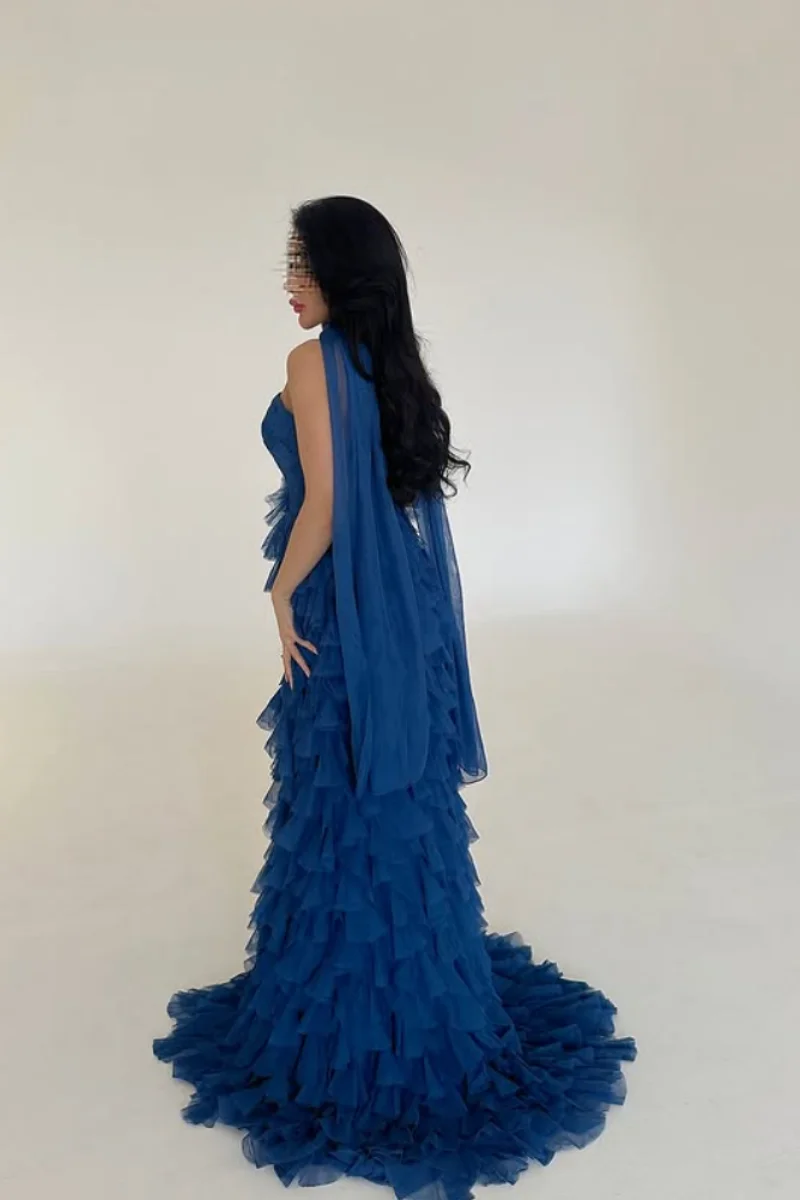 Gaun Malam Jessica Blue Gaun Prom Multi-lapis Sifon Buatan Tangan Gaun Pesta A-line Off-the-shoulder Seksi Dapat Disesuaikan
