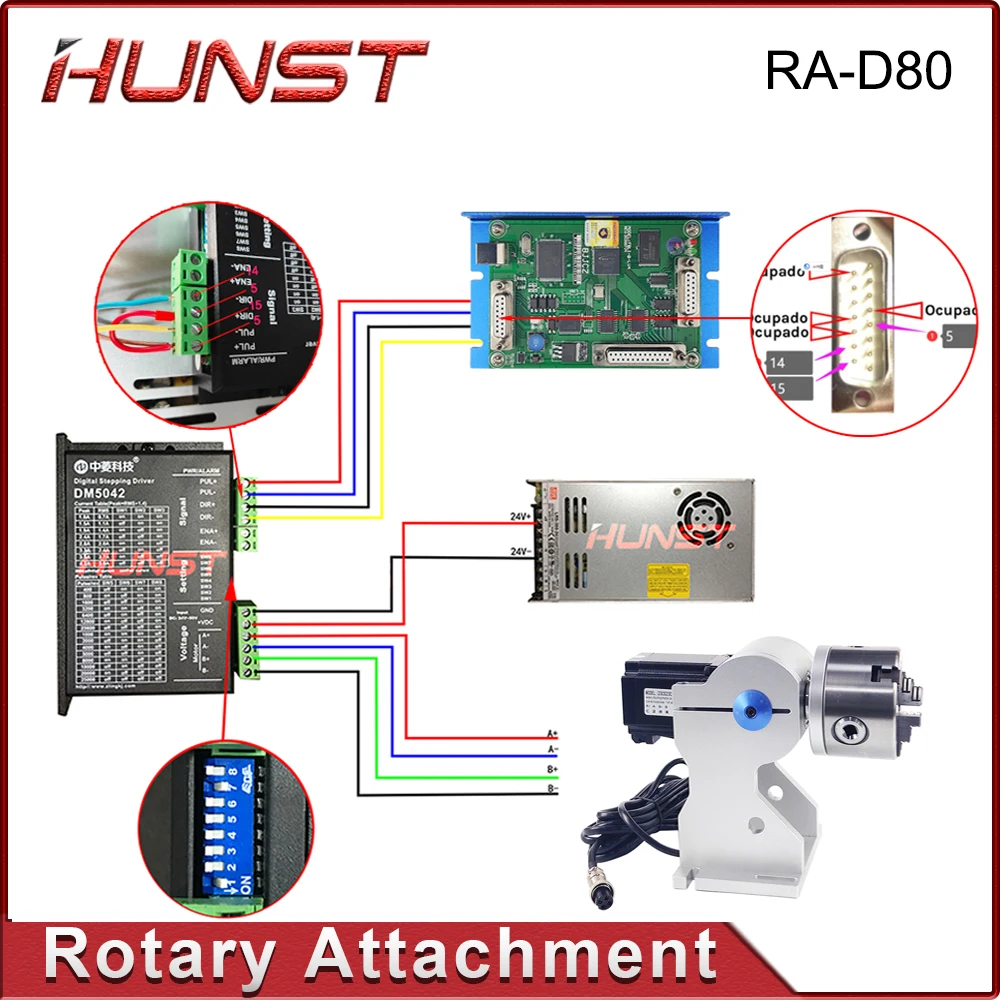 HUNST Attacco rotante Diametro 80 mm Dispositivo Dispositivo Pinza Piano di lavoro rotante a tre mandrini per macchina per parti di marcatura laser