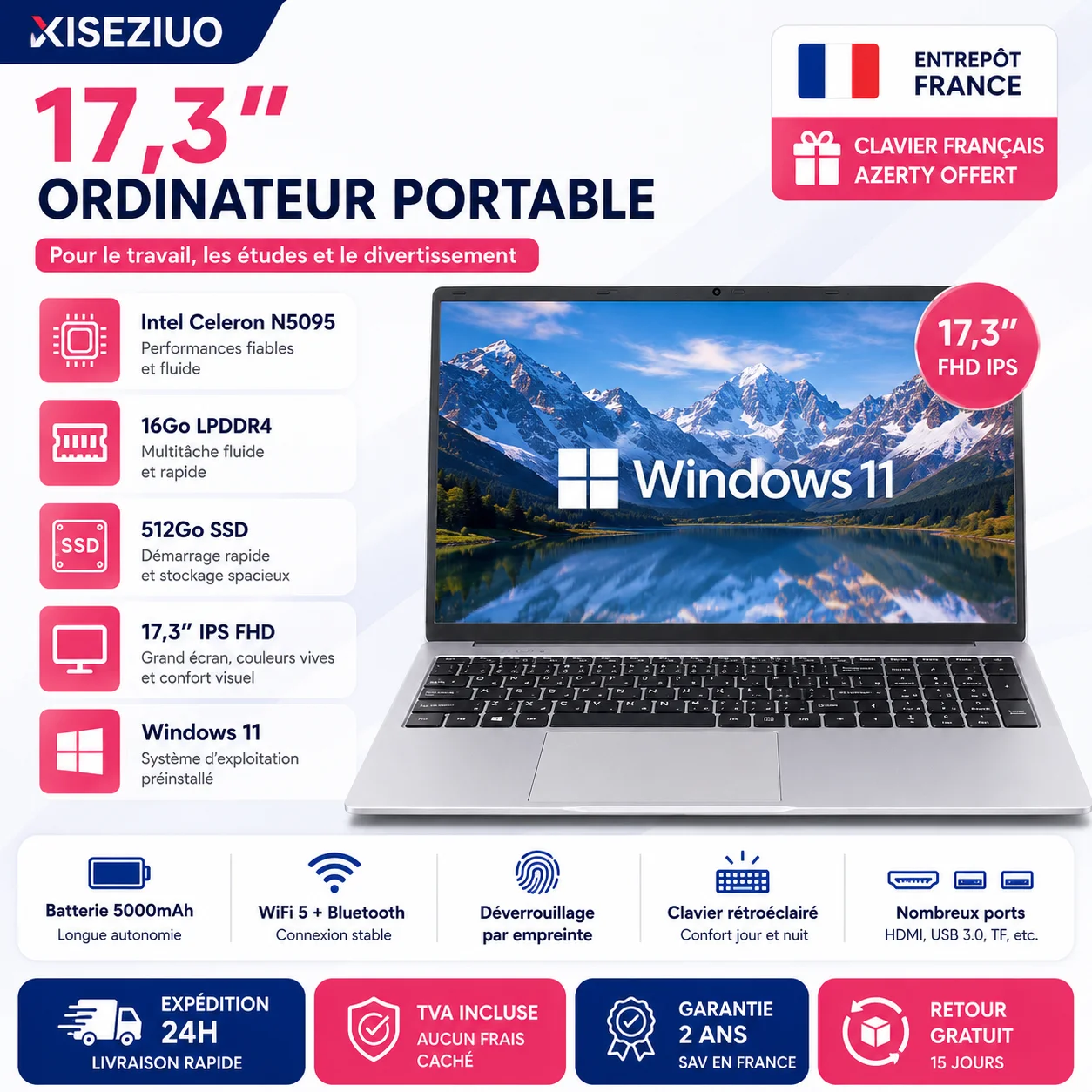 2026 Ordinateur Portable 17.3 Pouces Celeron N5095 Win11 Pro 16 Go LPDDR4  RAM 512 Go SSD Extension 1To 5 G WiFi 1920x1080 FHD PC Portable Avec AZERTY Clavier PC Portable Clavier Rétroéclairé Déverrouillage par Empreinte Digitale Laptop Mini HDMI/USB 3.0