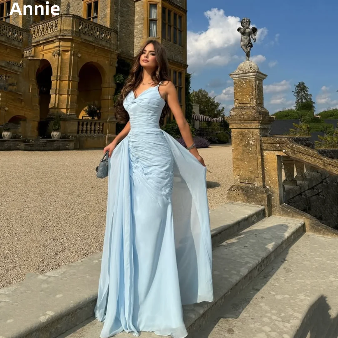 

Annie Pleated Chiffon Prom Dresses Spaghetti Strap Sky Blue Evening Dresses A-Shape Elegant Lady Party Dresses فساتين سهرة