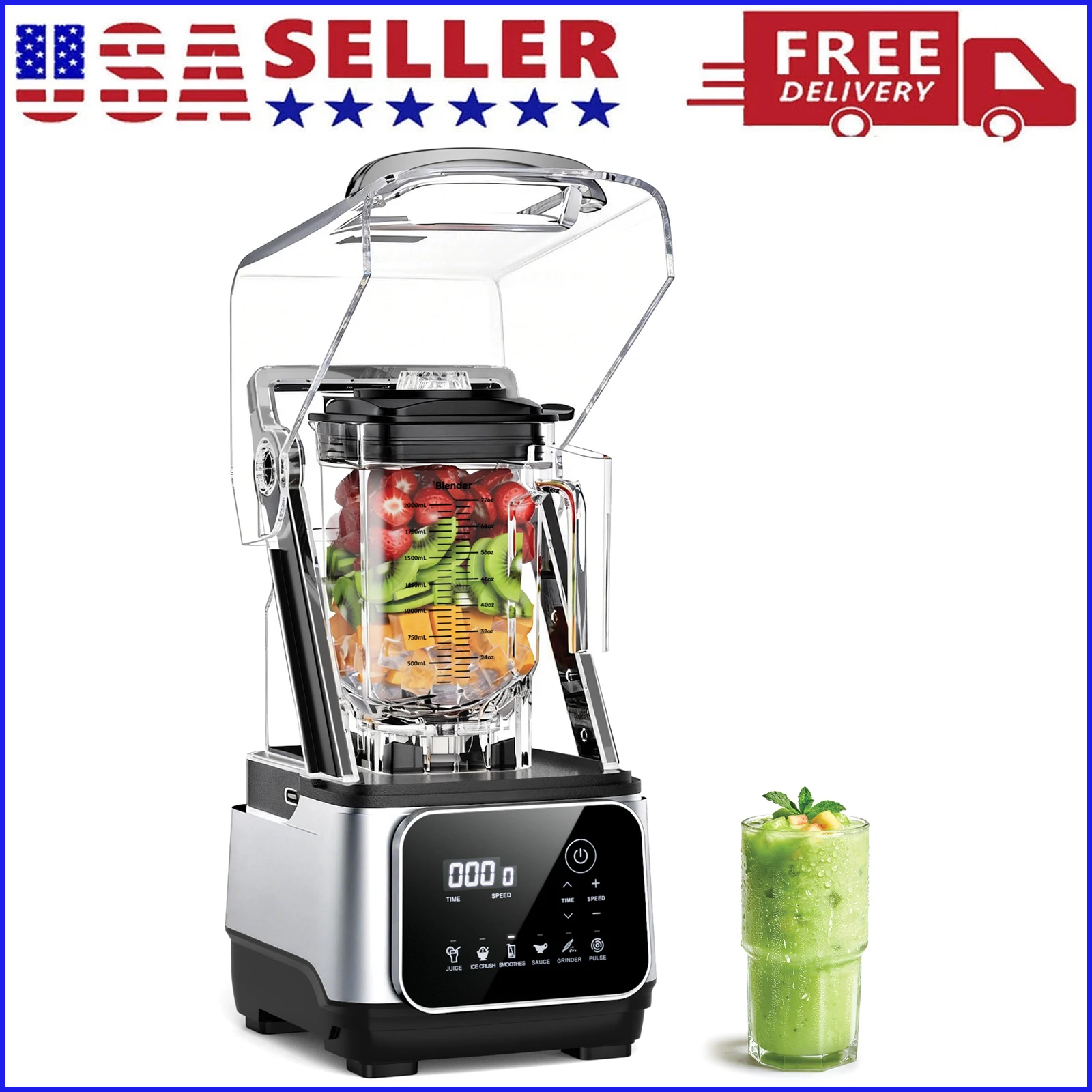 68oz Commercial Blender with Quiet Shield 2200W 6 in 1 Countertop Food Processor Easy Cleaning, for Juice, Ice Shakes, Smoothies