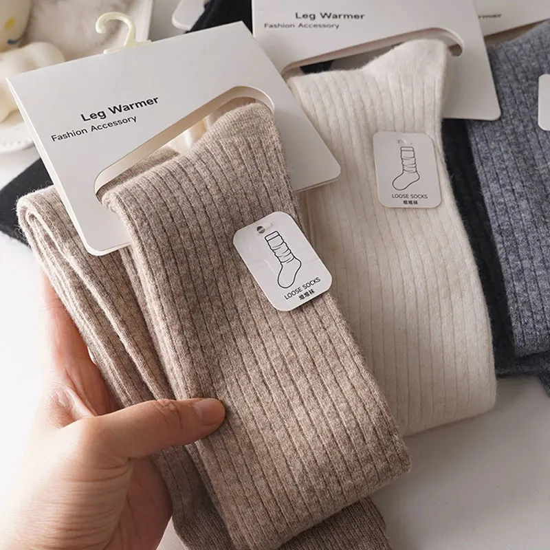 

Women's Knee High Socks Paired with Boots Black White Pure Cotton Autumn and Winter Wool Long Socks Winter Warm Pile High Sock