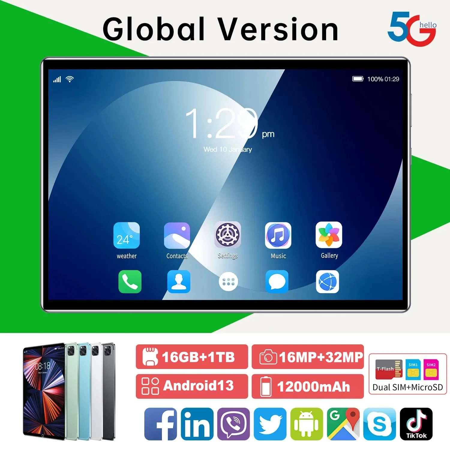 Tablet Bluetooth para Trabalho de Estudo, PC Versão Global, Tela HD 4K, 5G WiFi, Android 13, 16GB RAM, 1TB ROM, 11.6 \