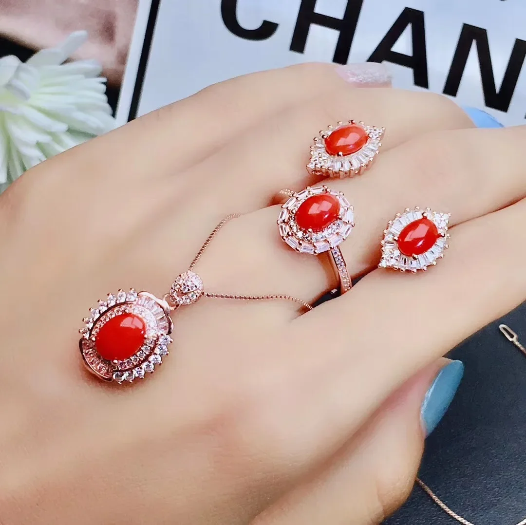 Jewelry Girl Natural Red Coral Pendant Necklace Ring Earnail Set 925 Pure Silver Plated Rose Gold Gift for Girlfriend Christmas, view 6