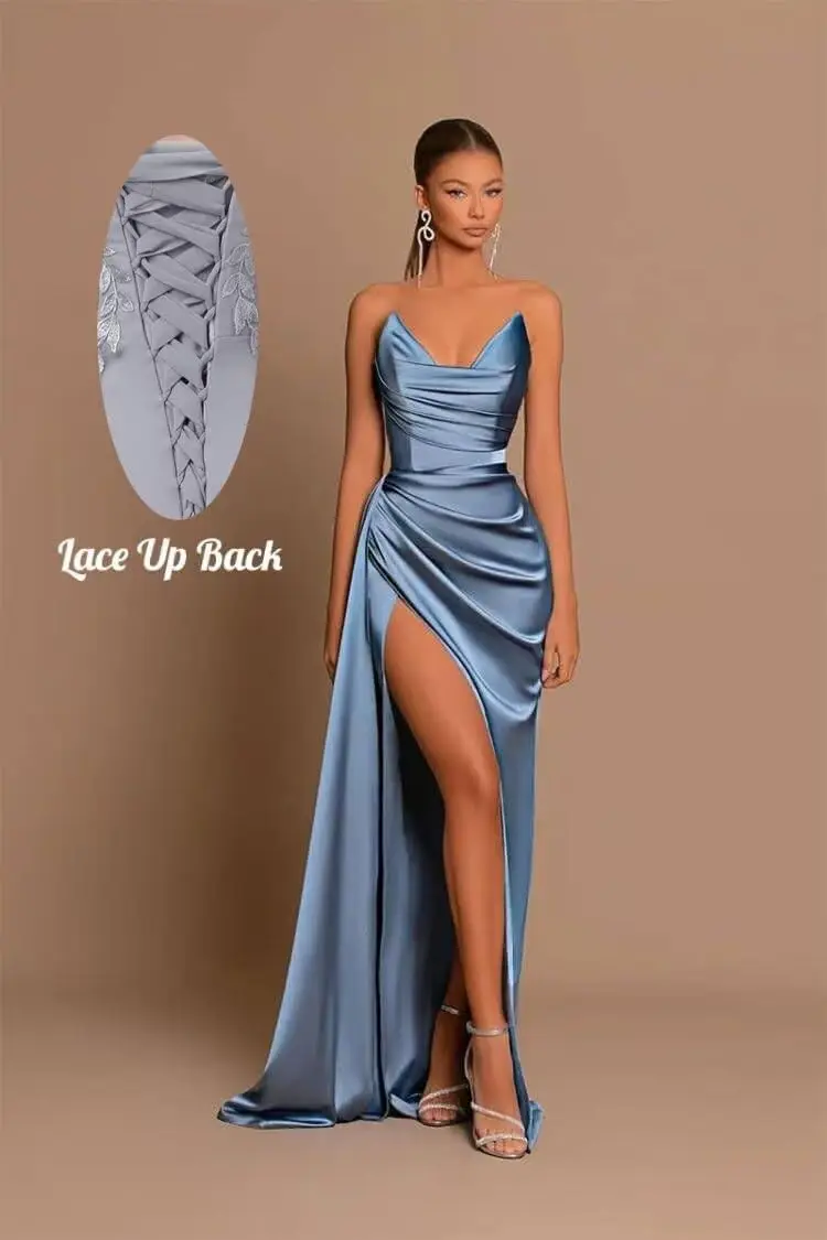 Long Pleated Satin Mermaid Prom Dress for Women V-Neck Strapless Bridesmaid Dress with Slit Wrap Ball Gown Wedding Guests Dress