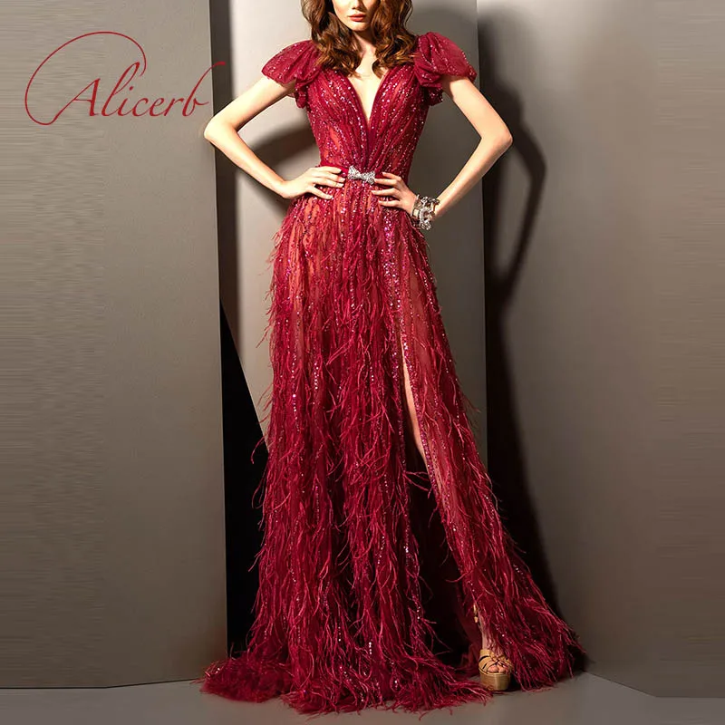 

Sexy Deep V-Neckline A-Line Evening Dress Short Sleeves Front Open Slit Sweeping Train 2023 Gorgeous Prom Dresses with Feather