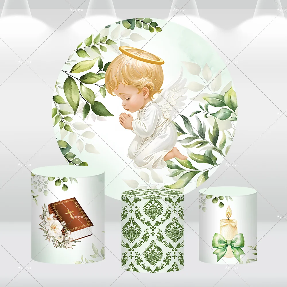 

First Holy Communion Party Round Backdrop Cover Green Leaves Praying Bible theme Pedestal Cover Boys 1st Communion Background