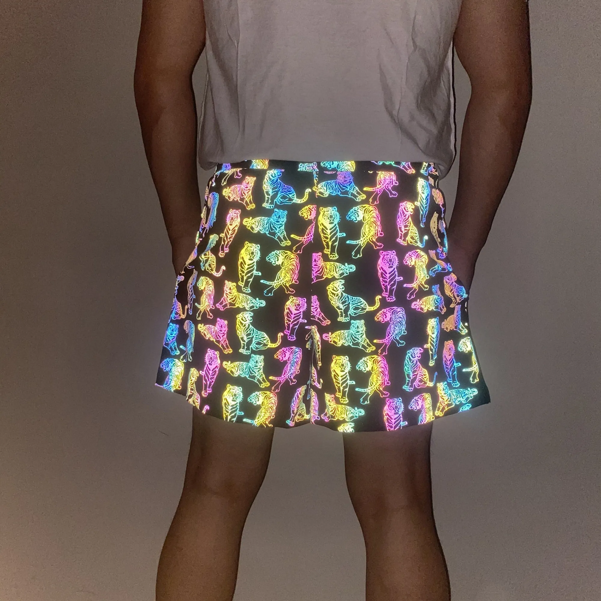 Mannen Holografische Running Reflecterende Regenboog "Tiger Patroon" Gear Uitstekende Lopers Jogger Sport Shorts