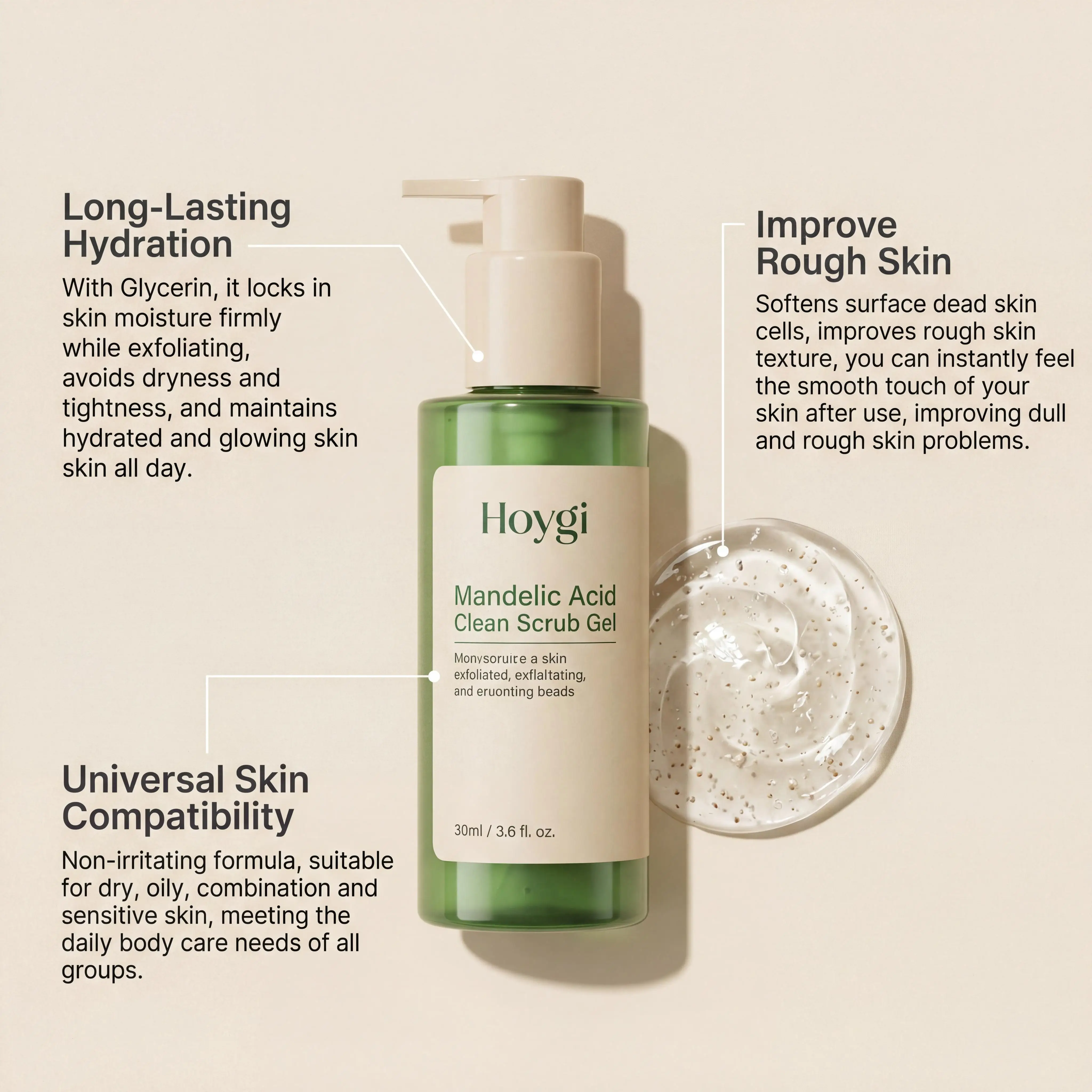 Hoygi Mandelic Acid Clean Scrub Gel Deep Cleansing Oil Control Improve Facial Texture Appearance Gentle Exfoliator Dead Skin Smoothing Skin Care