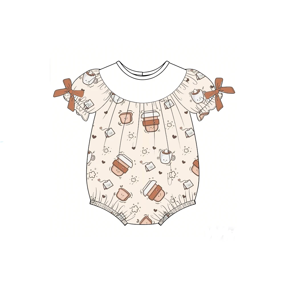 Boutique kid's rompers Customizable baby name romper puff sleeves bow decoration cute drink coffee print suitable kids wholesale
