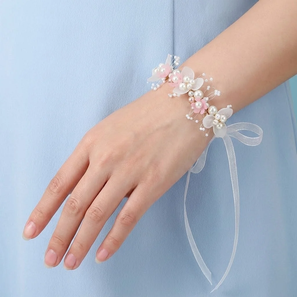 Romantic Pearl Flower Wrist Corsage Bracelet for Bridesmaids Wedding Hand Accessories Adjustable Ribbon Hand Flower Party Gifts