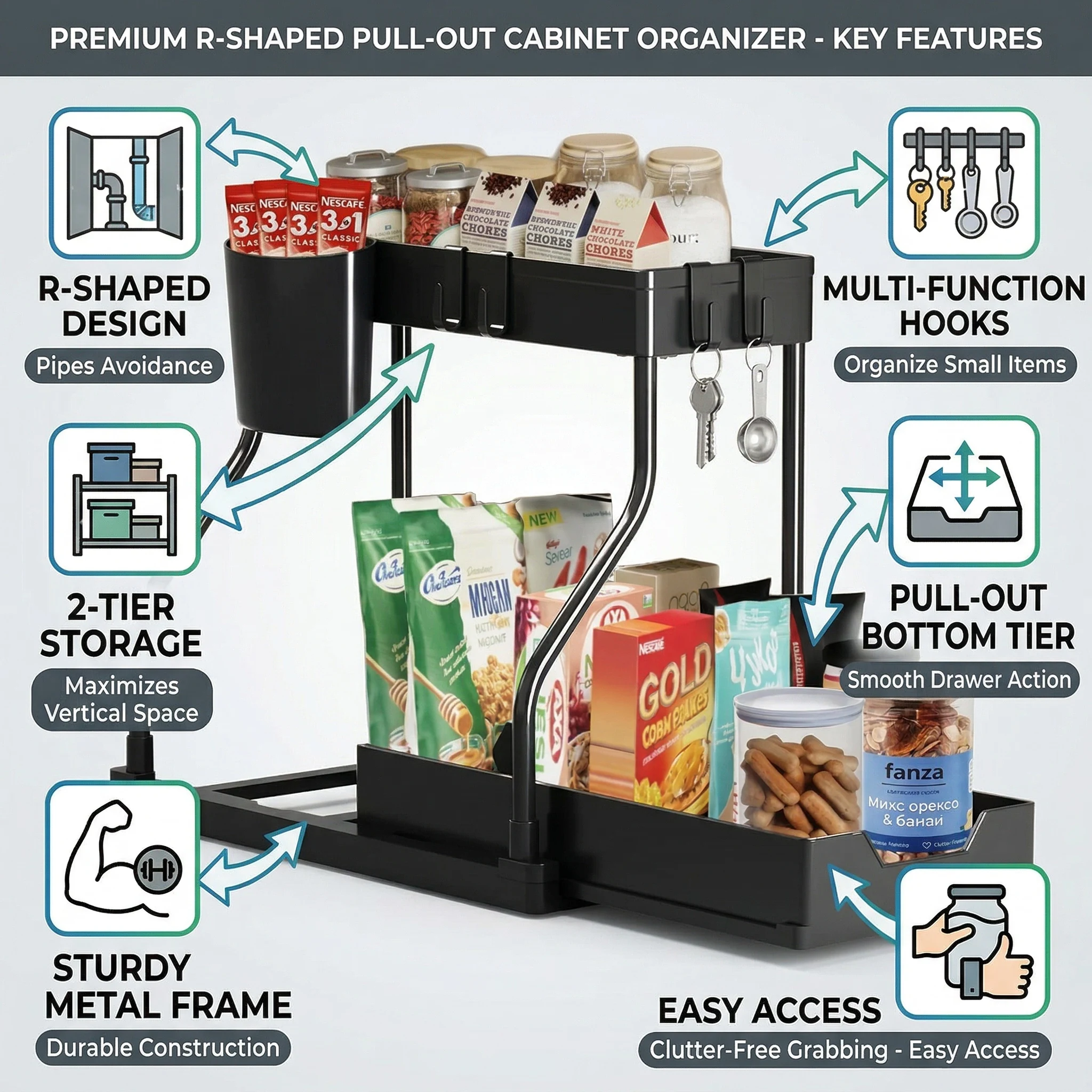 1/2 Stück Unterschrank-Organizer 2-stöckiges Schubladensystem Mehrzweck-Regal Unterschrank-Aufbewahrungsregal Badezimmer-Küchen-Organizer