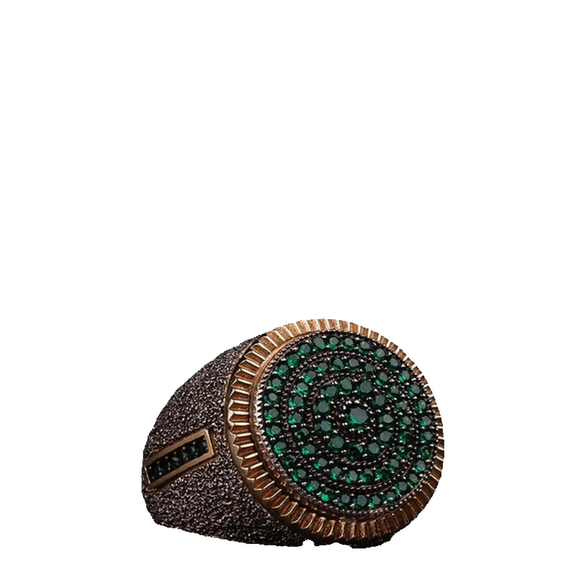 

Ottoman Textured Green Our Silver Ring In Our Model With Sandblasting Black Texture Applied It is Decorated With Green Stones