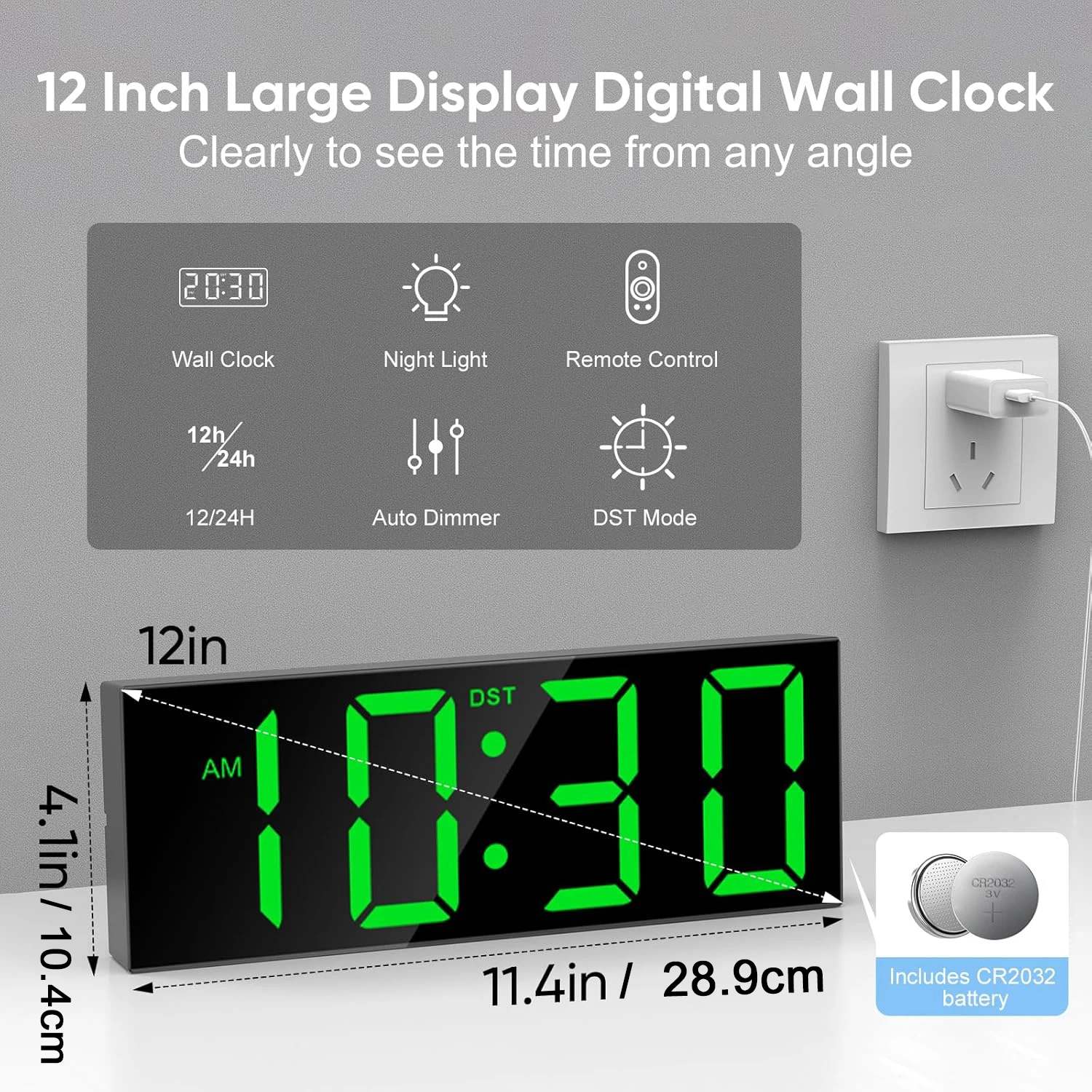 Large Digital Wall Clock with Remote Control 12'' Big Wall Digital Clock with 8 RGB Colors LED Screen Display DST Night Light