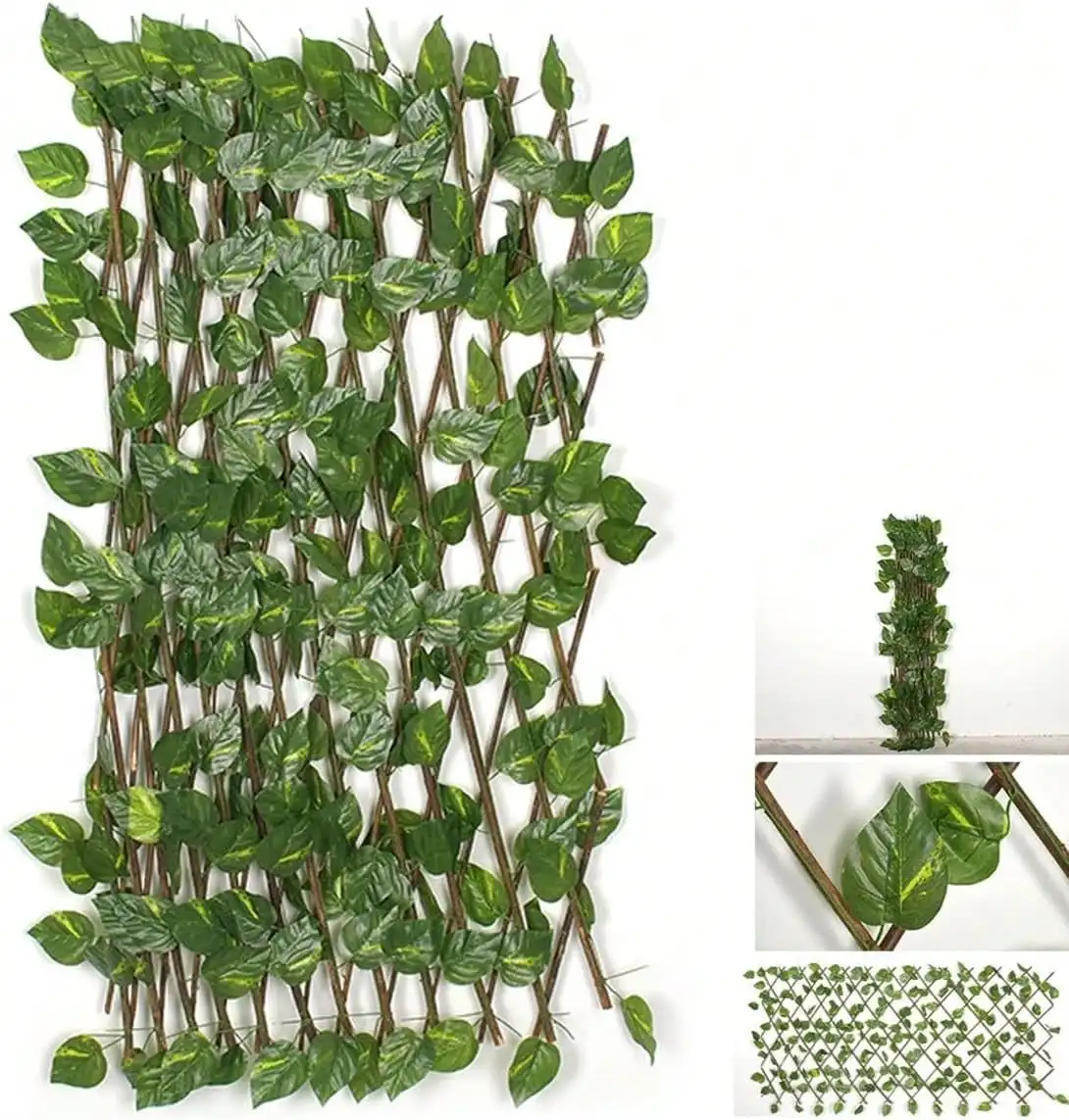 CELOSÍA EXTENSIBLE CON HOJAS VERDES 300x60 cm – Decoración de pared para jardín y balcón, pantalla de privacidad, enrejado plegable para plantas trepadoras, estilo natural moderno