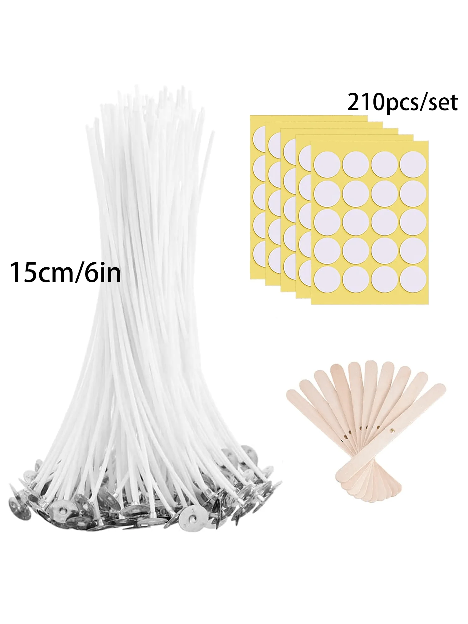 210 Pieces/Set, Contains 100 Pieces 6inch Candle Wick, 100 Pieces Candle Wick Stickers and 10 Pieces Wooden Candle Wick Centering Device for Soy Beeswax Candle Making and Candles DIY