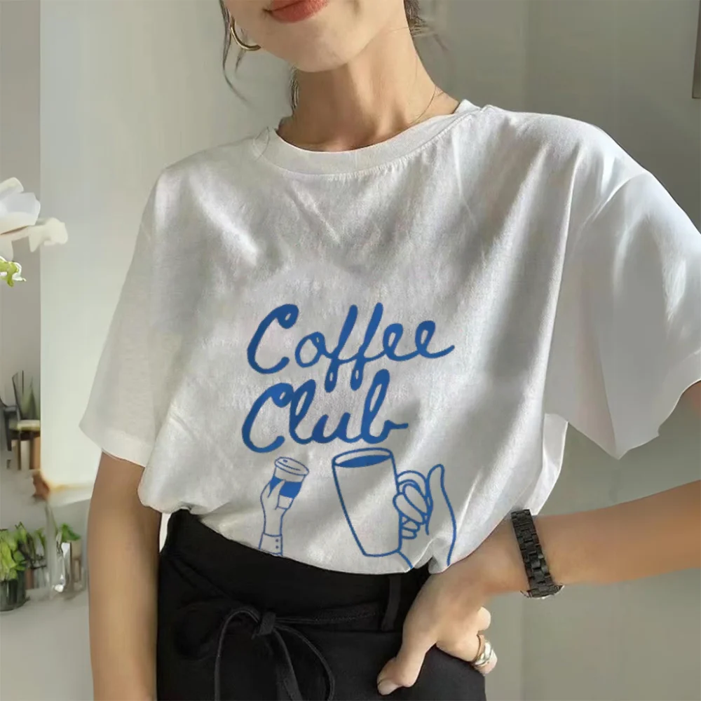 

Футболка женская повседневная с круглым вырезом Coffee Club с графическим принтом простая и универсальная футболка Летний топ с короткими рукавами белого цвета