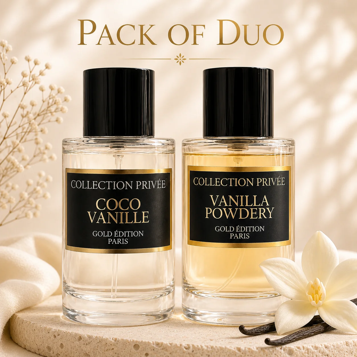 Parfum Coco Vanille & Vanilla Powdery, Collection Privée Gold Édition, Pack Duo, 2*50ML, Eau de parfum unisex, Frabriqué en France