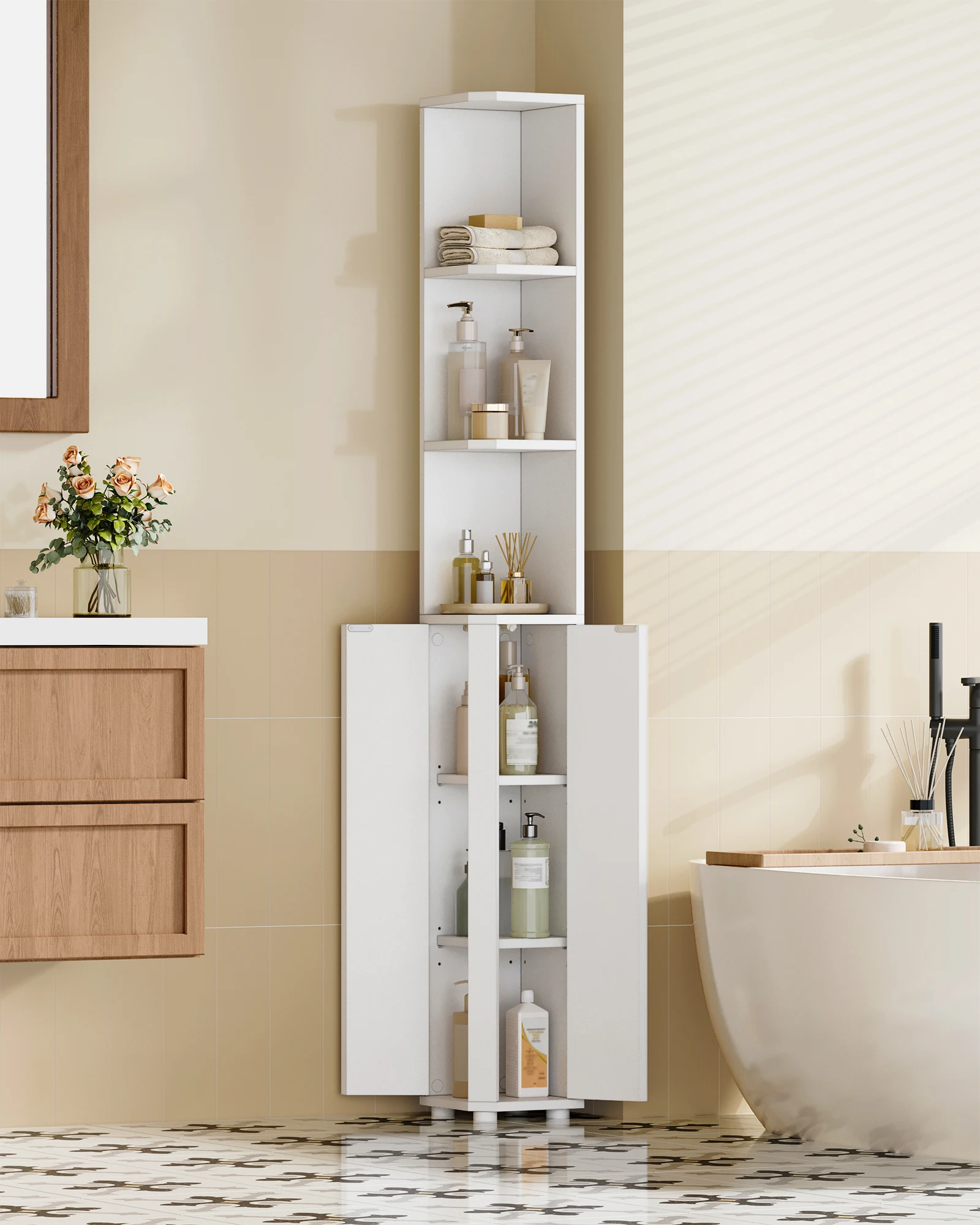 Mueble de Baño, Mueble de Esquina, Mueble para Inodoro con Estantes Ajustables, 2 Puertas Laterales, Estante de Baño Estrecho, Fácil Montaje, Blanco