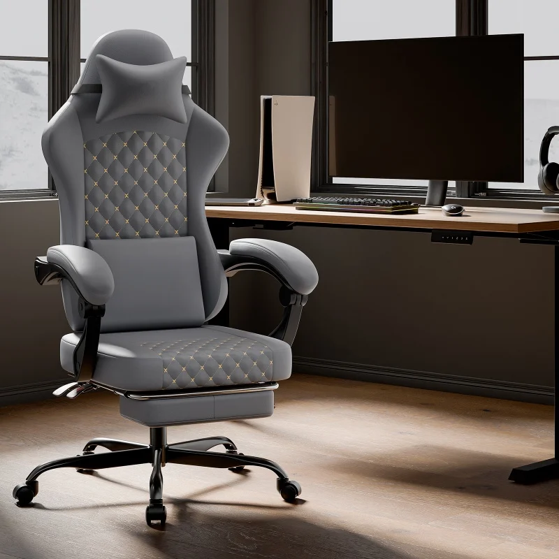 Chaise de jeu en cuir PVC gris avec coussin de massage lombaire et repose-pieds, chaise de bureau ergonomique, charge maximale 150 kg