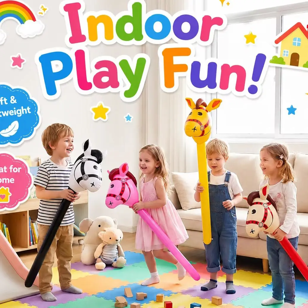 Inflatable Stick Horse Toy, Portable Pony Head Hobby Horse for Pretend Play Family Party Outdoor Games