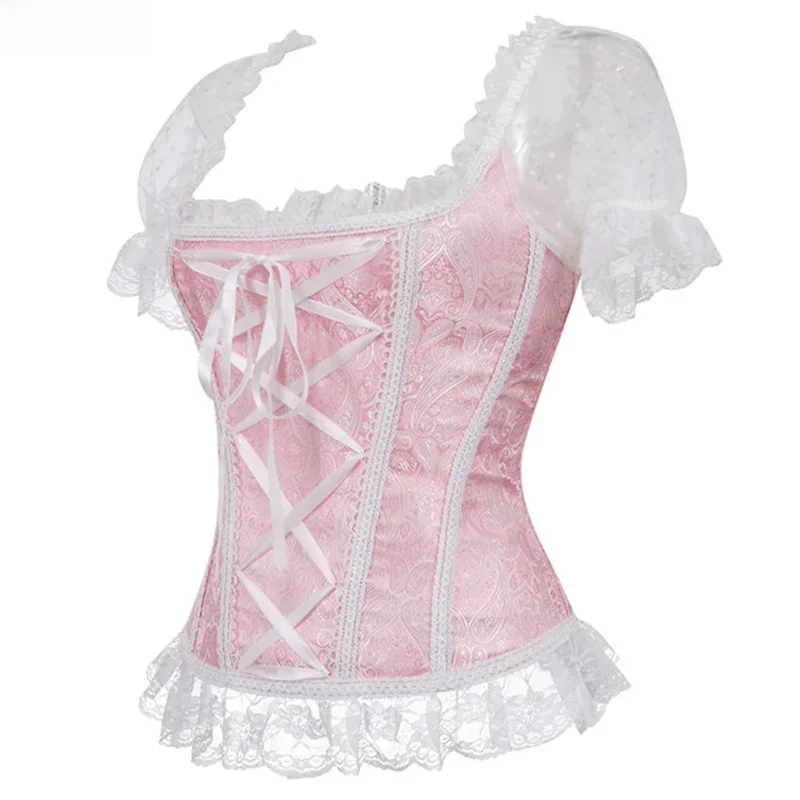 Sapubonva satynowe gorsety i gorsety gotyckie sznurowane kamizelki Overbust gorsety paski na ramionach Brocade Corselet dla kobiet Steampunk — zdjęcie 2