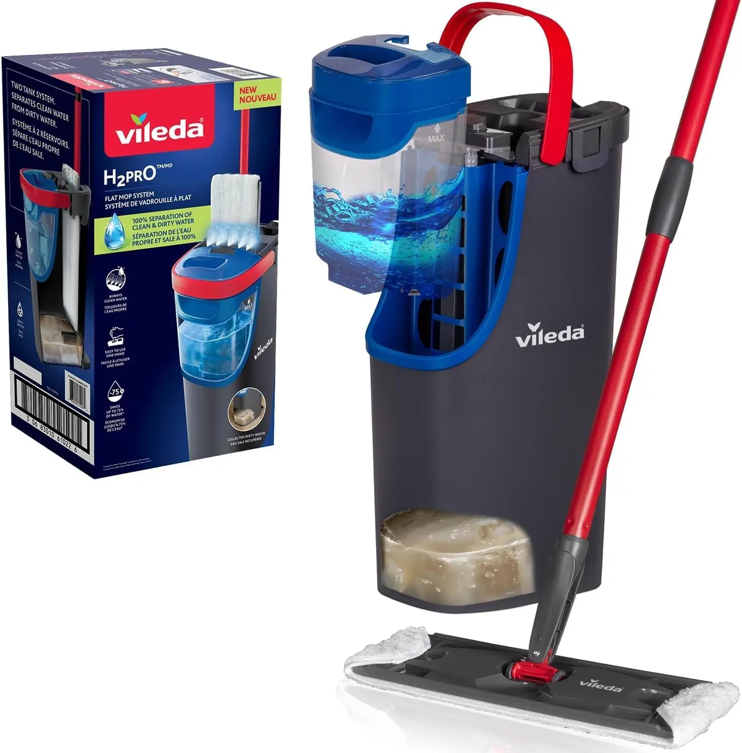 Vileda H2Pro Sistema de mopa Plana | Separación de Agua Limpia y Sucia | Manejo con una Sola Mano | Almacenamiento Compacto | Palo ergonómico | Microfibra de Alta absorción | Color Gris y Azul