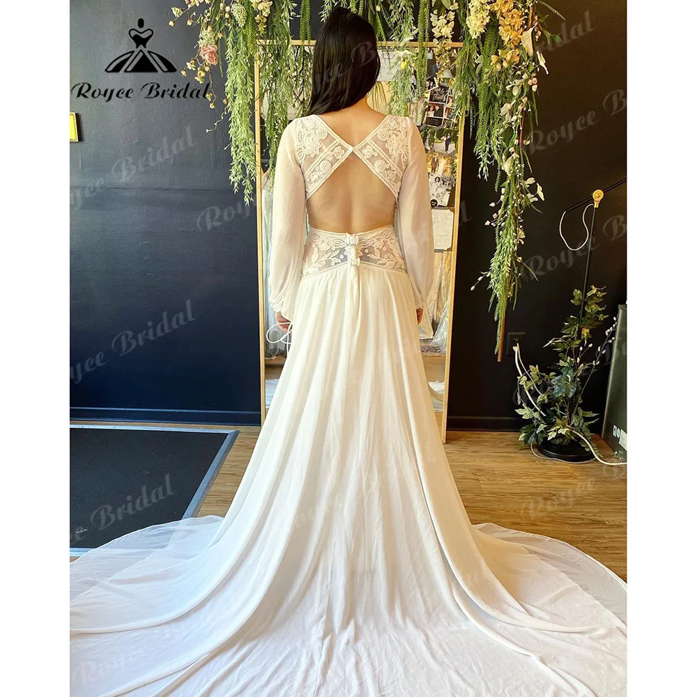 Robe de mariée en mousseline de soie à manches longues bouffantes pour femmes, élégante robe de plage en dentelle, col en V, dos nu, 2023