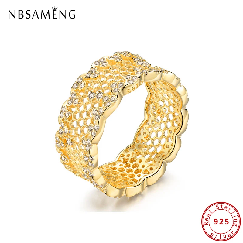 

Original 100% 925 Sterling Silver Rings Honeycomb Bee Gold Ring For Women Jewelry Wedding Engagement Gift