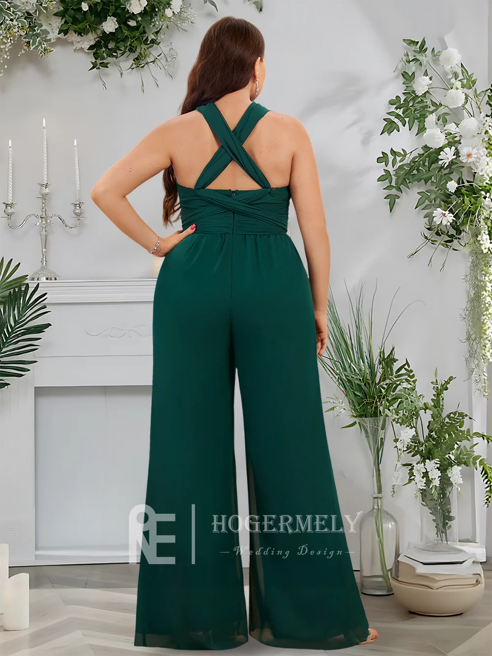 

E Dark Green 2025 Convertible Halter One Shoulder V-Neck Jumpsuit Bridesmaid Dresses Floor-Length Chiffon Ruffled Wedding Party
