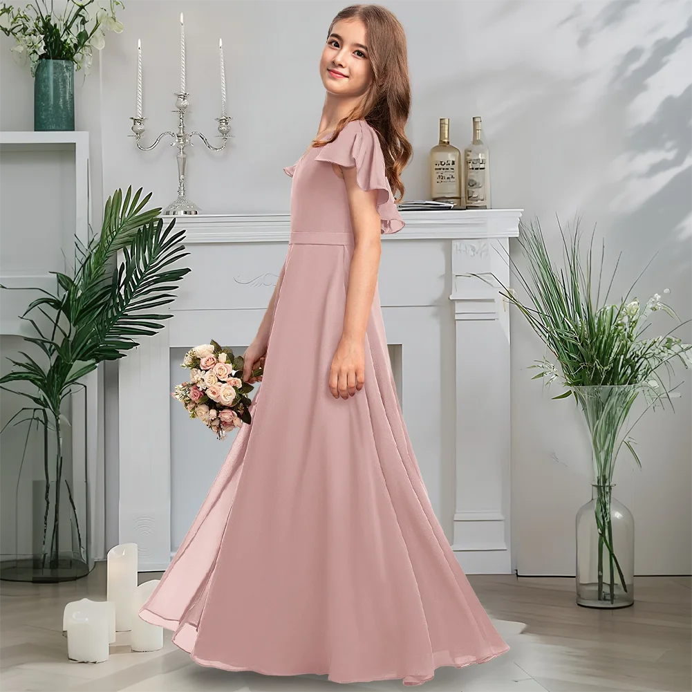 Изысканное шифоновое платье трапециевидной формы для подружек невесты, пыльная роза, платье с цветочным узором для девочек, свадебное платье с v-образным вырезом и рюшами по подолу для девочек