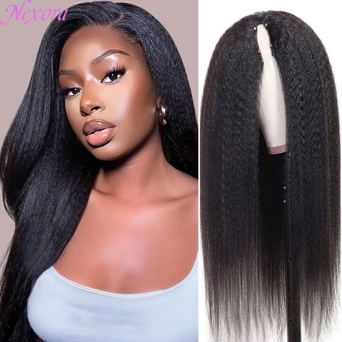 

Nexora V Part Kinky Straight Wig 1B Black Natural Hairline Half Wig Soft Lightweight Daily Party Use Comfortable Hairpiece