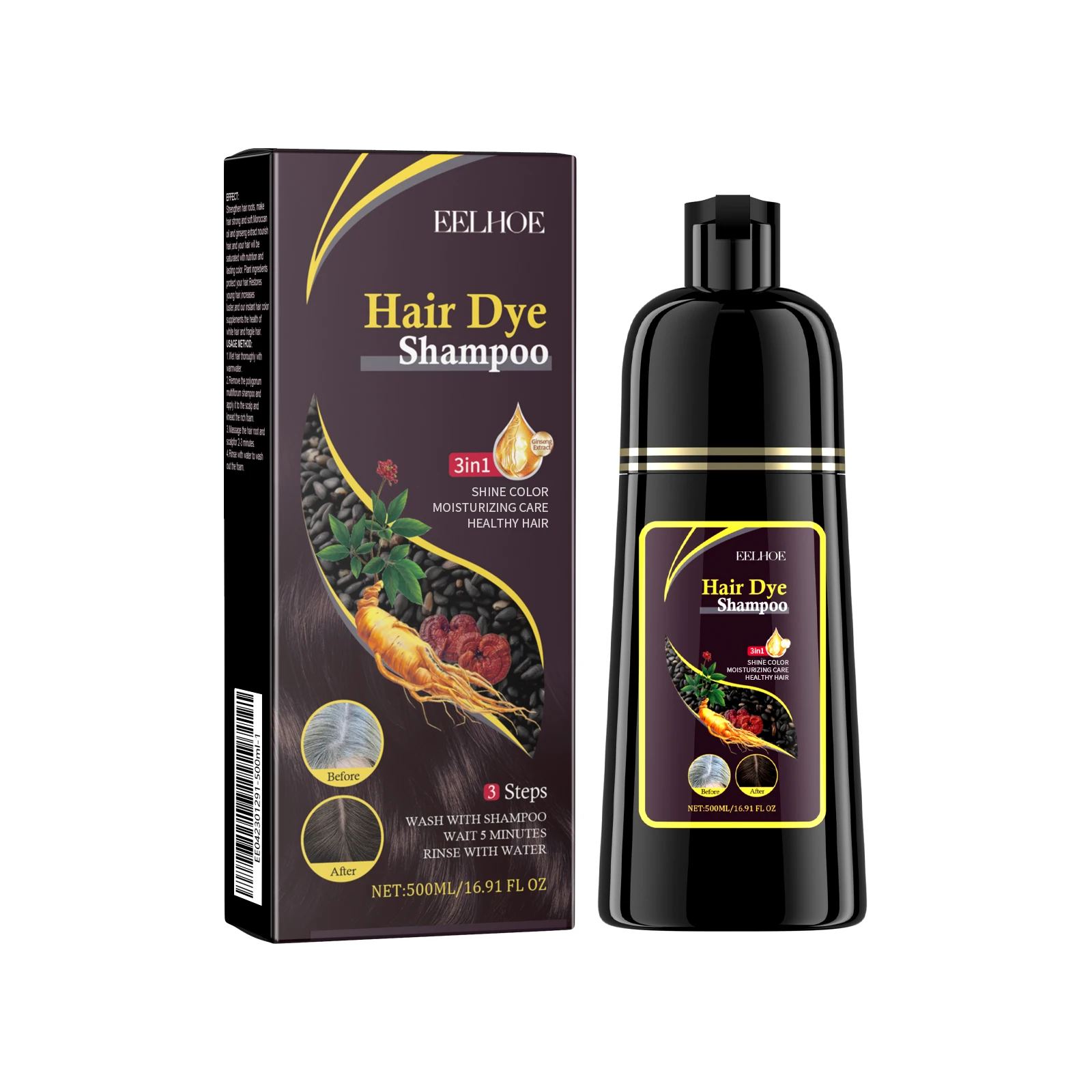 500ml Eelhoe สีดําผมแชมพูซ่อมผมแห้งเสียทําความสะอาดบํารุง Polygonum Multiflorum Thunb สมุนไพรธรรมชาติ Quick Hair Dye