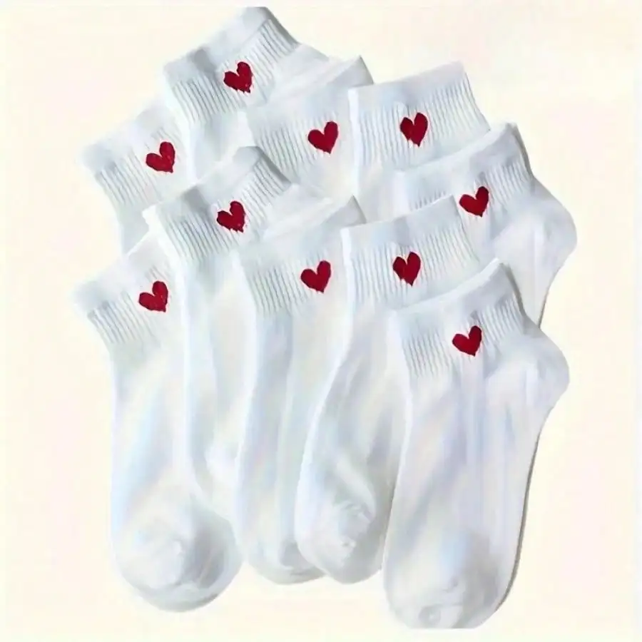 10 Pairs of White Heart-shaped Autumn and Winter Socks, Comfortable and Very Suitable for Daily Wear and Basketball Sports