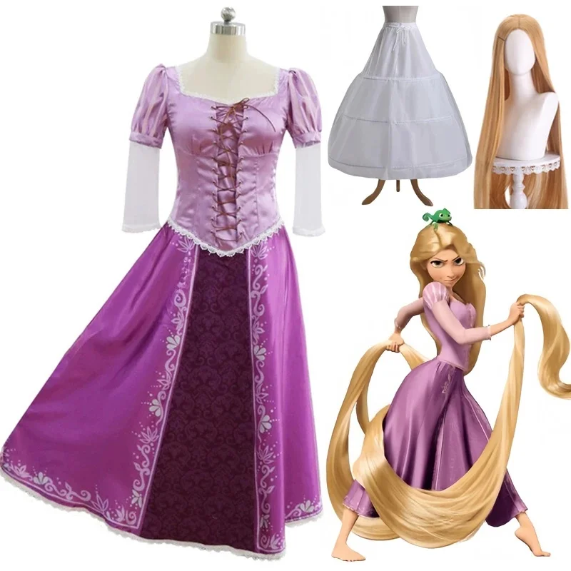 Tangled Rapunzel Damen-Prinzessin-Kostüme mit langen Haaren, Cosplay-Kostüm, Karnevalsuniform für Erwachsene, Halloween-Kostüme