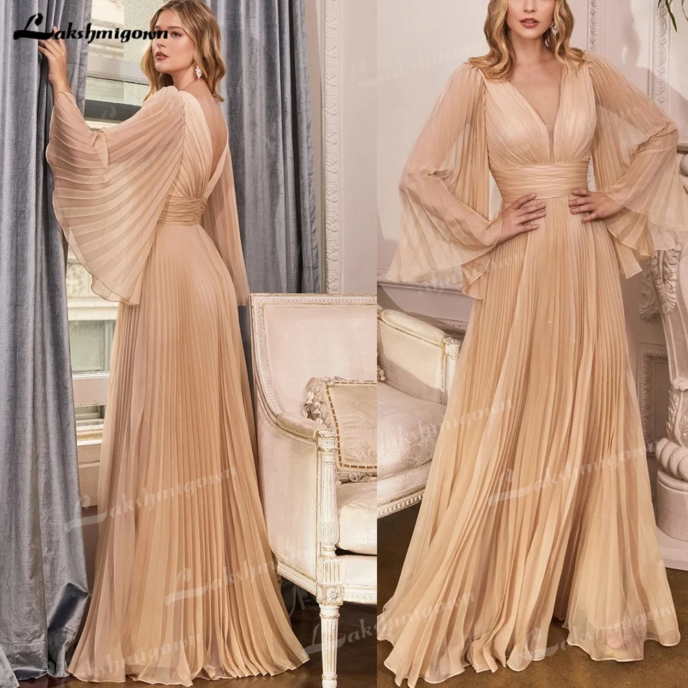 

Luxury Long Sleeve Pleated Mother Of The Bride Dress 2023 V Neck With Semi Open Back vestido longo Long Wedding Guest Dress