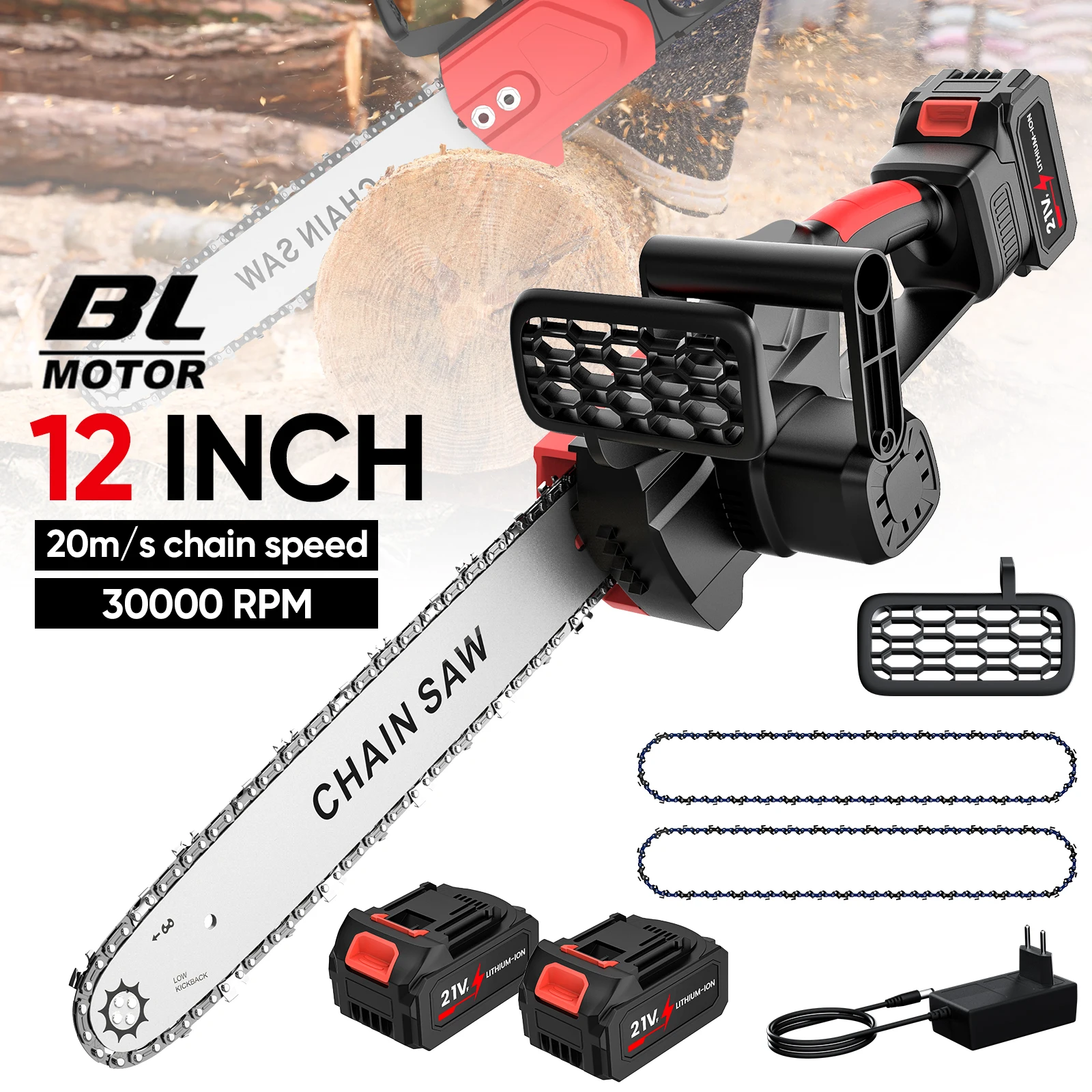 12-Zoll bürstenlose elektrische Kettensäge, 20000 U/min, kabellose Handkettensäge für den Heimgebrauch, zum Beschneiden von Bäumen, kompatibel mit Makita 21V Akku