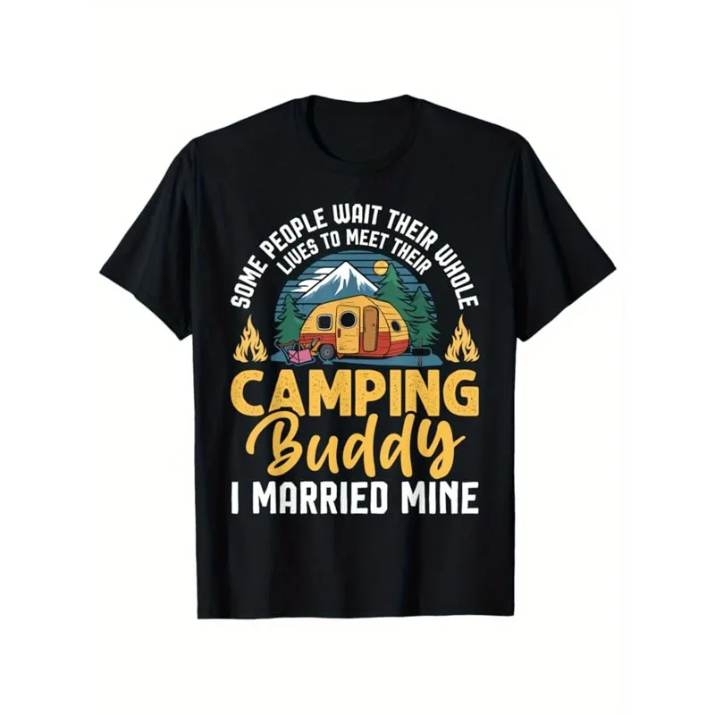 

Camping Printed Men's Cotton Graphic T-shirt, Casual Short Sleeve Crew Neck T-shirt, Men's Tee For Outdoor