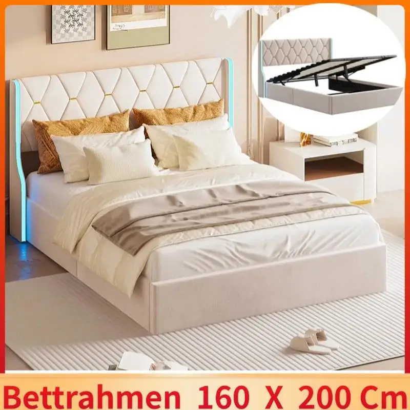 160x200 Aufbewahrung sbett mit Lattenrost, Nachttisch leuchten, Doppelbett, hydraulischer Typ, Samts