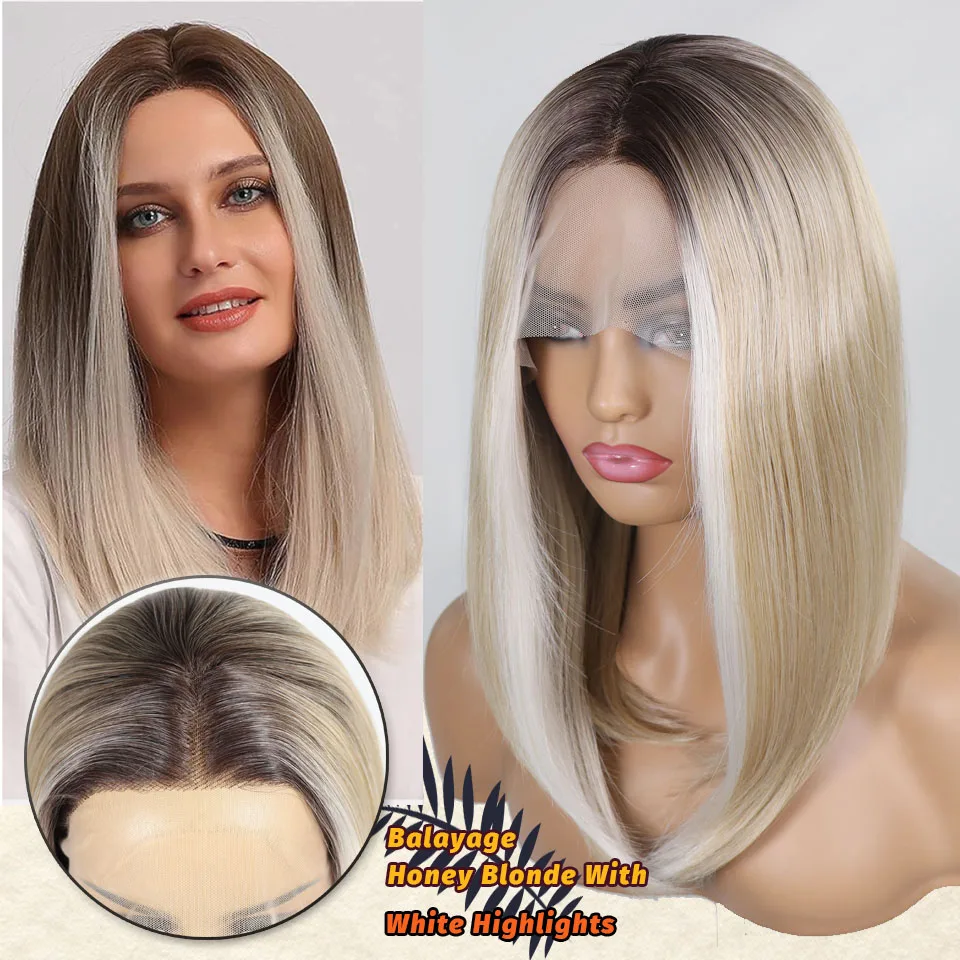

Dark Roots to Platinum Blonde Caramel Ombre Long Bob Kanekalon Honey Blonde With White Highlight HD PrePlucked Lace Front Wig
