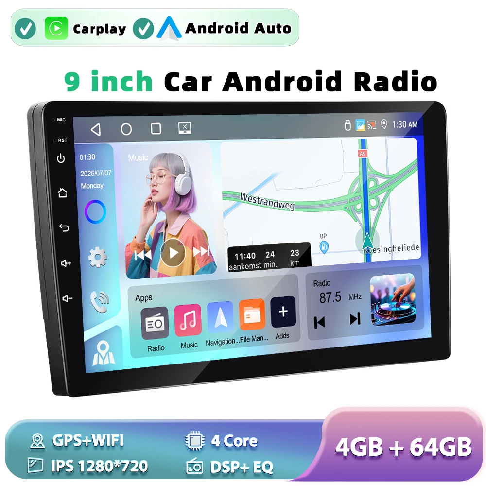 Podofo 9" 2 DIN Android 4+64G Car Stereo Carplay Android Auto GPS Navigation Bluetooth FM RDS Radio WIFI Touchscreen image 3