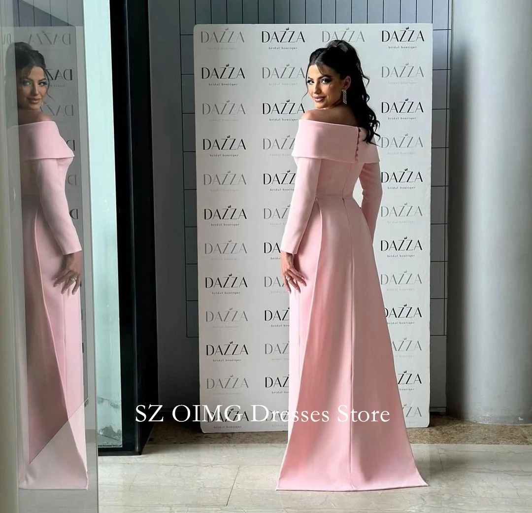 OIMG Dubai Mordern Style Off the Shoulder Prom Dresses Crepe Satin Pink  Dress Women Evening Gowns Formal Fitted Party Dress