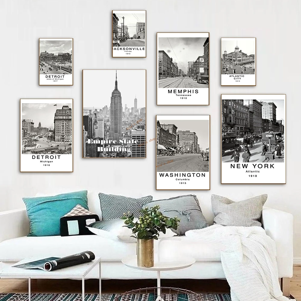 Black and White Vintage American City Photography Wall Art Canvas Detroit Washington Florida New York Poster Print Home Decor