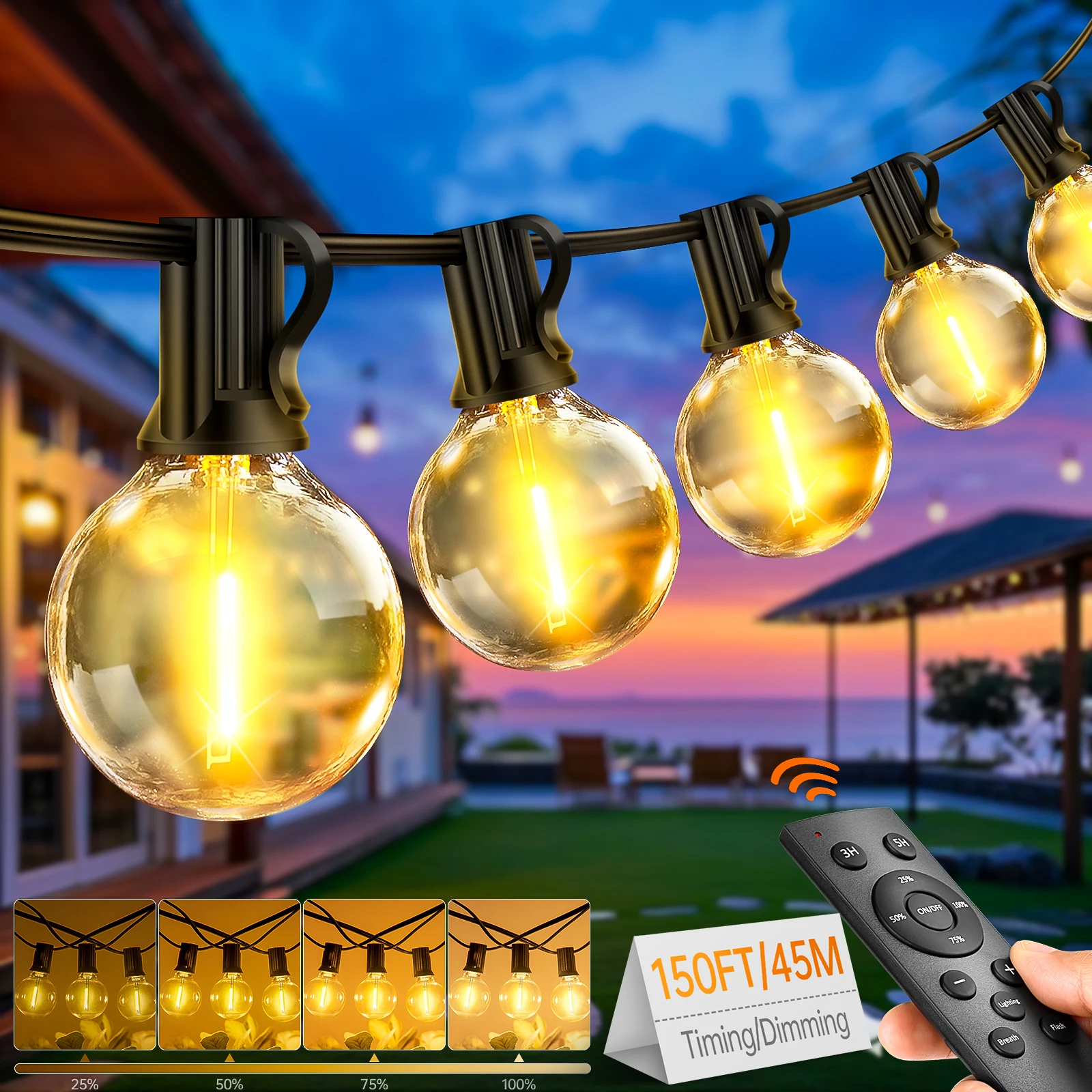 45M Outdoor LED String Lights Bulbs Balcony Garland Fairy Lamps With Remote Control for Wedding Camping Garden Christmas Party