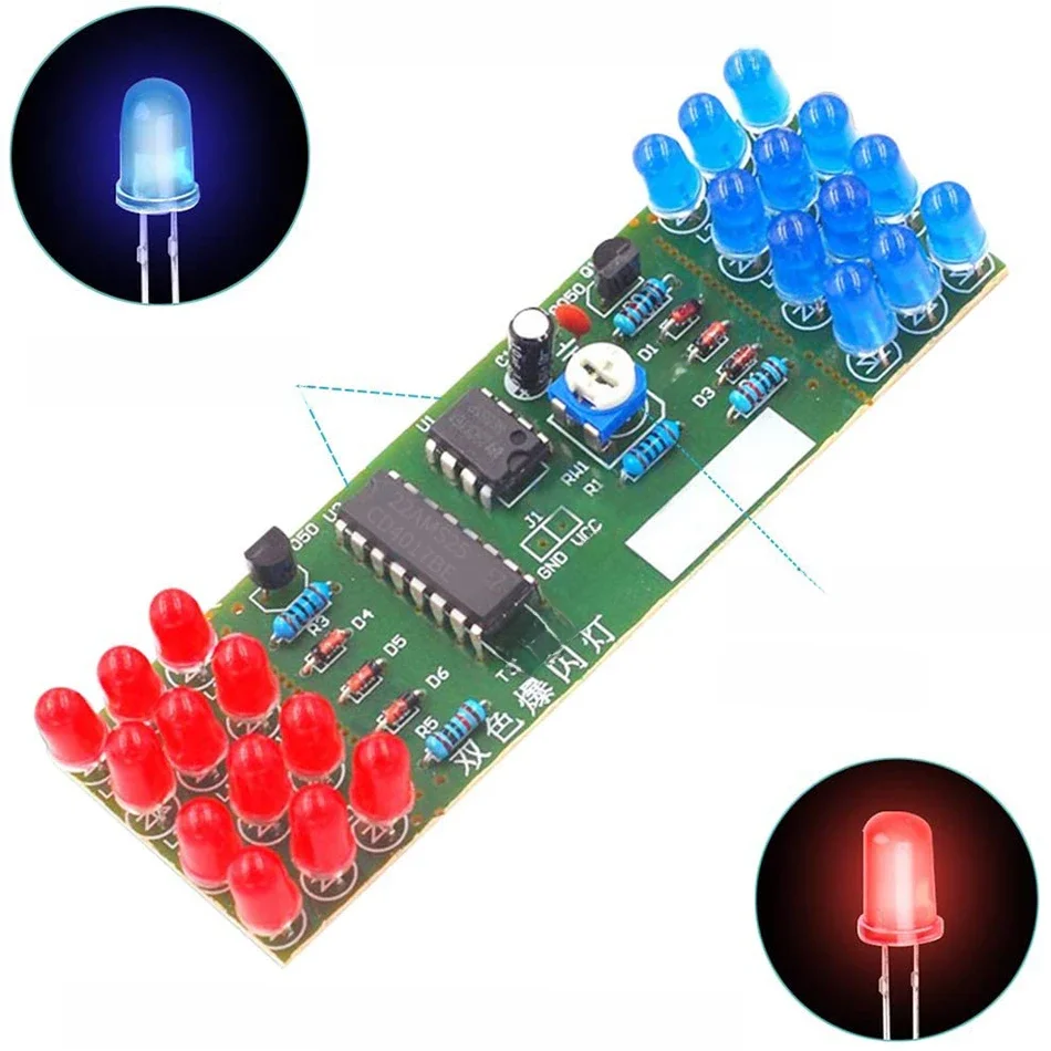 NE555 CD4017 IC LED DIY zestaw świateł elektronicznych czerwony niebieski dwukolorowy zestaw do samodzielnego montażu stroboskop elektroniczny garnitur komponenty migających świateł — zdjęcie 2