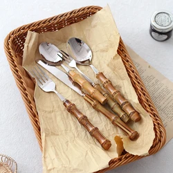 Stainless Steel Cutlery Set, Household Kitchen Utensil Flatware Sets, Nature Bamboo Handle Cutlery Sets, Dishwasher Safe