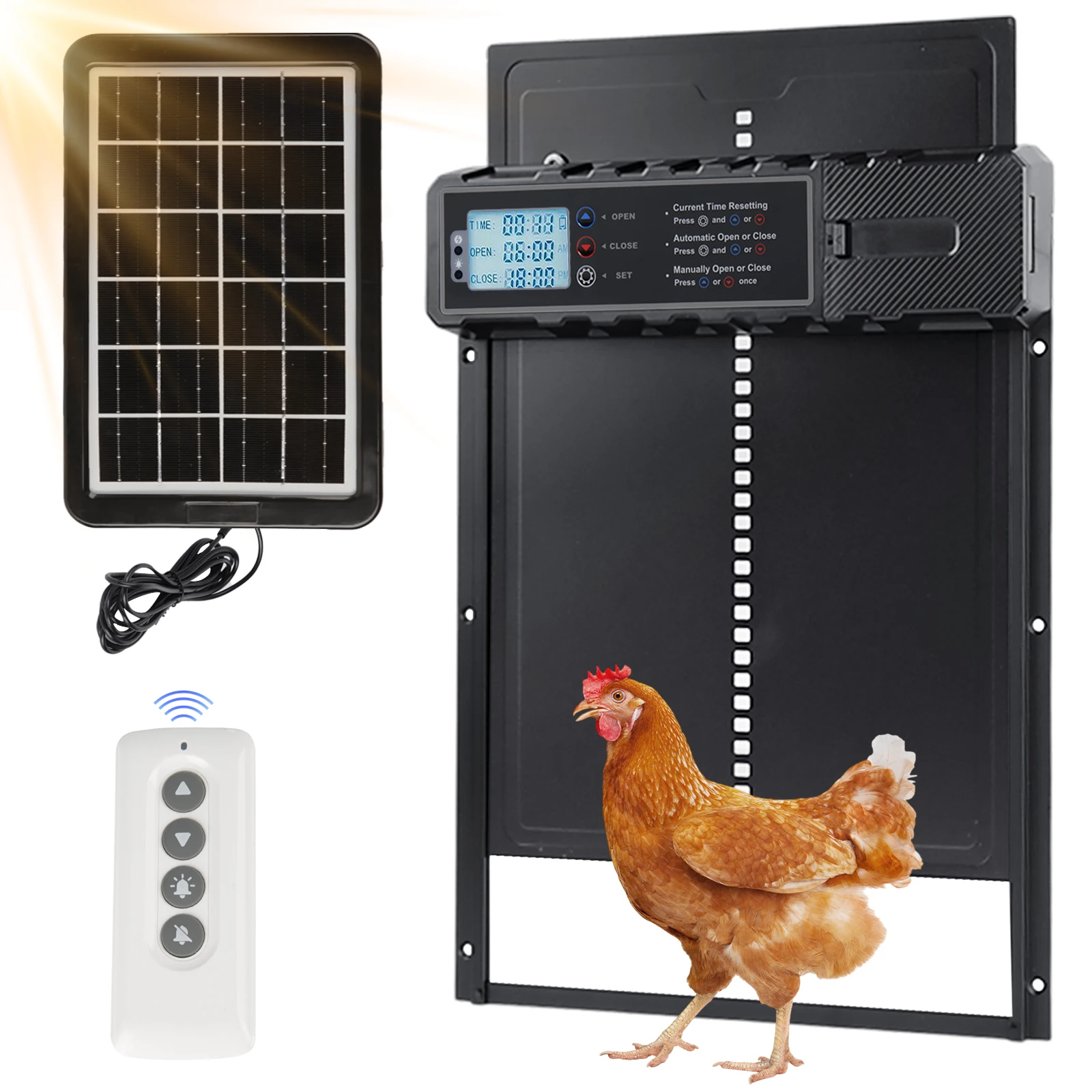 Solar Chicken Coop Door 4 Modes Aluminum Automatic Chicken Door Solar Powered&USB Charging Intelligent Anti-pinch for All People